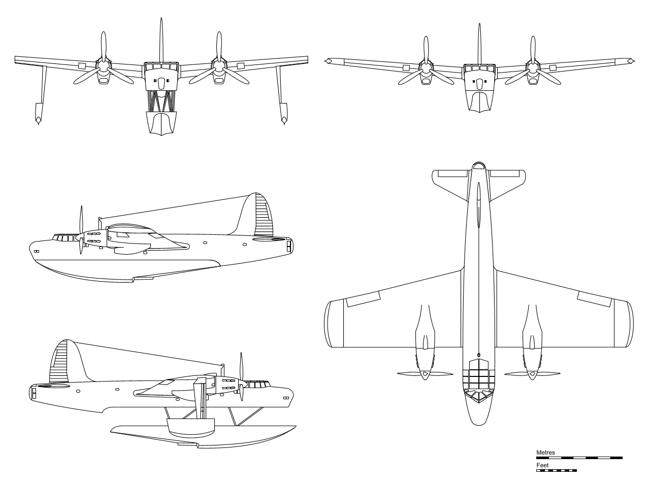 Orthographic projection drawing of the Blackburn B-20 experimental flying boat with its retractable hull