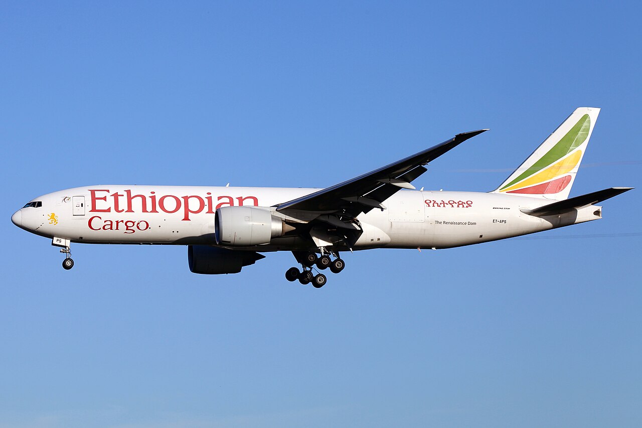 An Ethiopian Cargo Boeing 777F freighter on the ground at London Heathrow