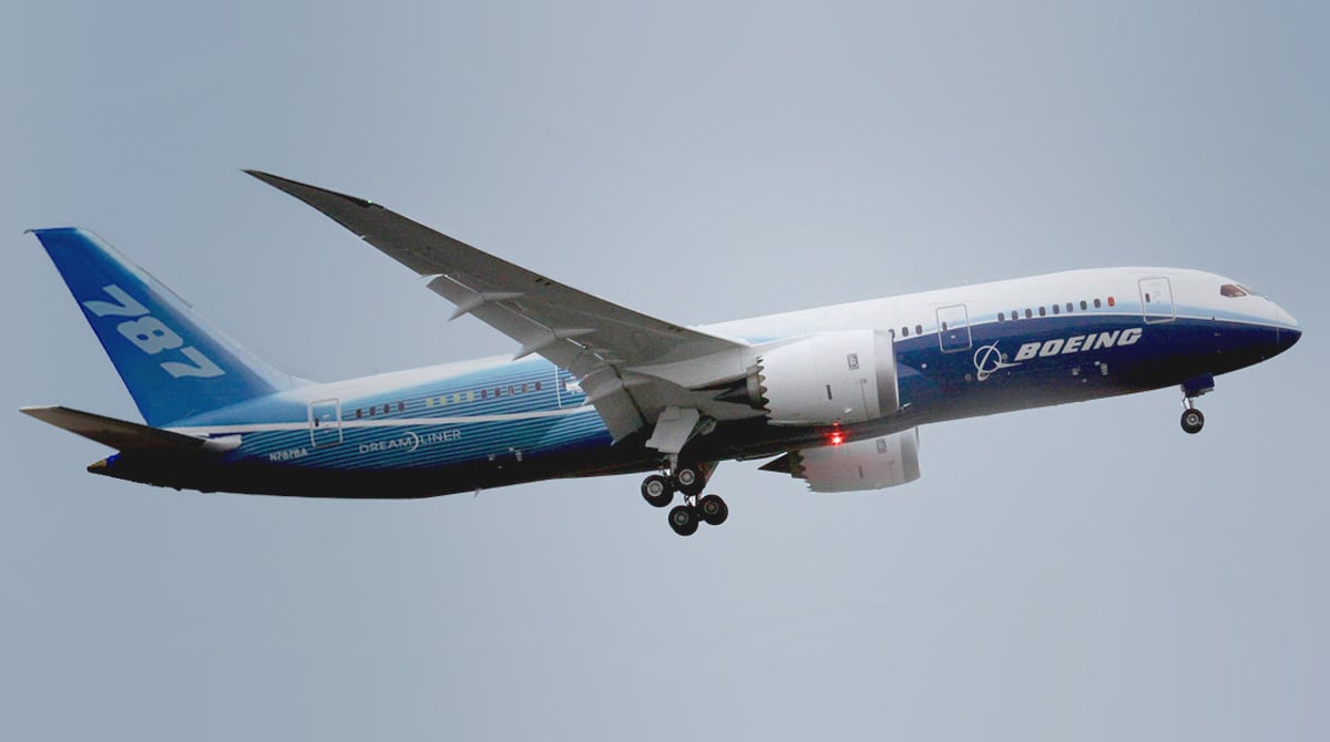 A Boeing 787-8 photographed from above in flight