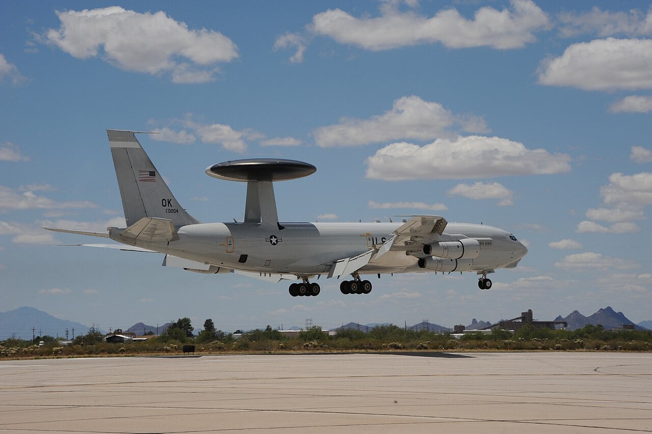 A US Air Force Boeing E-3 Sentry AWACS aircraft on short final