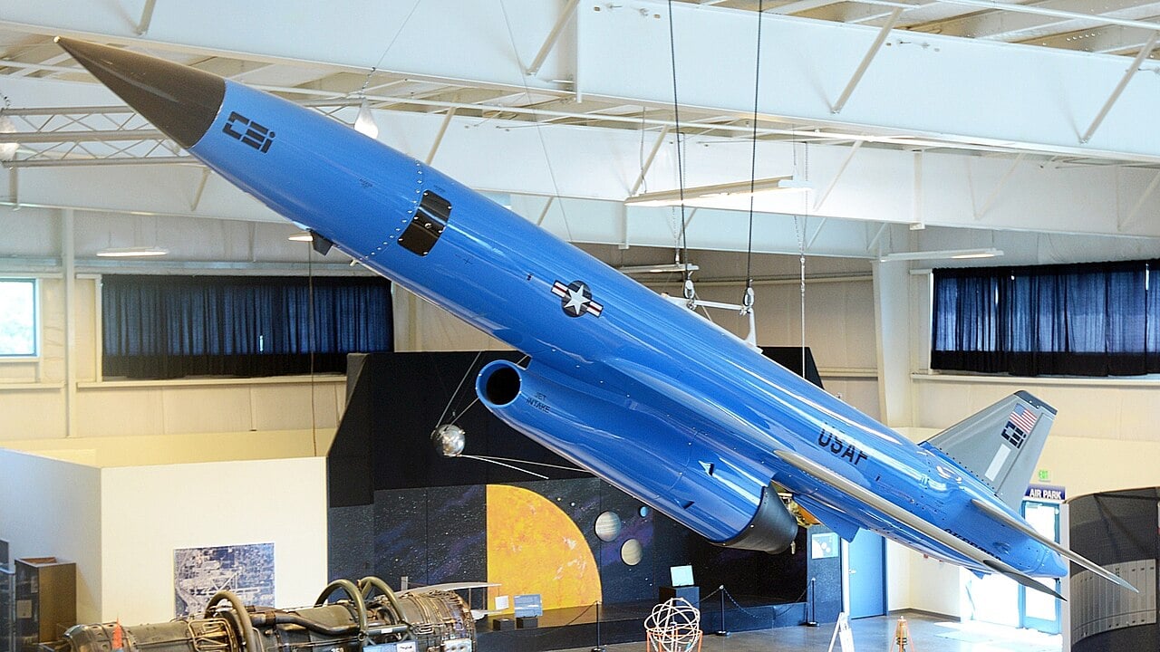 A Composite Engineering BQM-167 Skeeter target drone on museum display