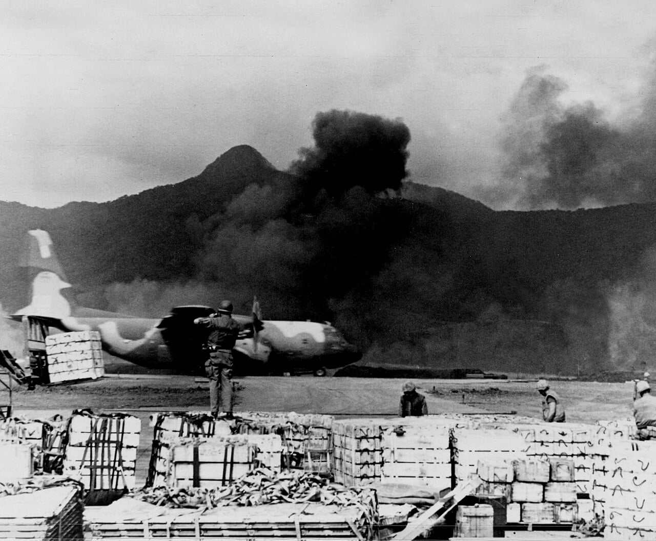 A C-130 Hercules taking off from the strip at Khe Sanh