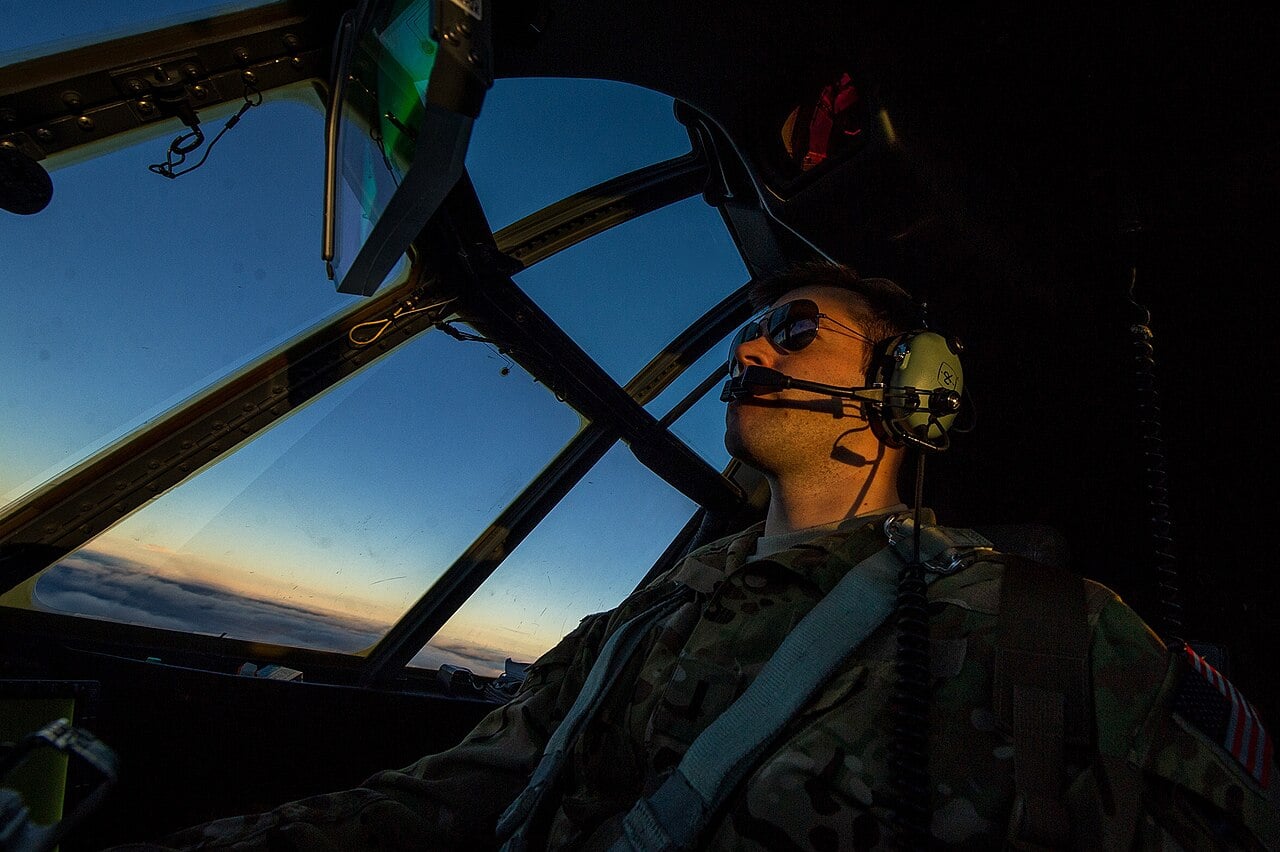 A C-130J Super Hercules in flight during an airlift mission