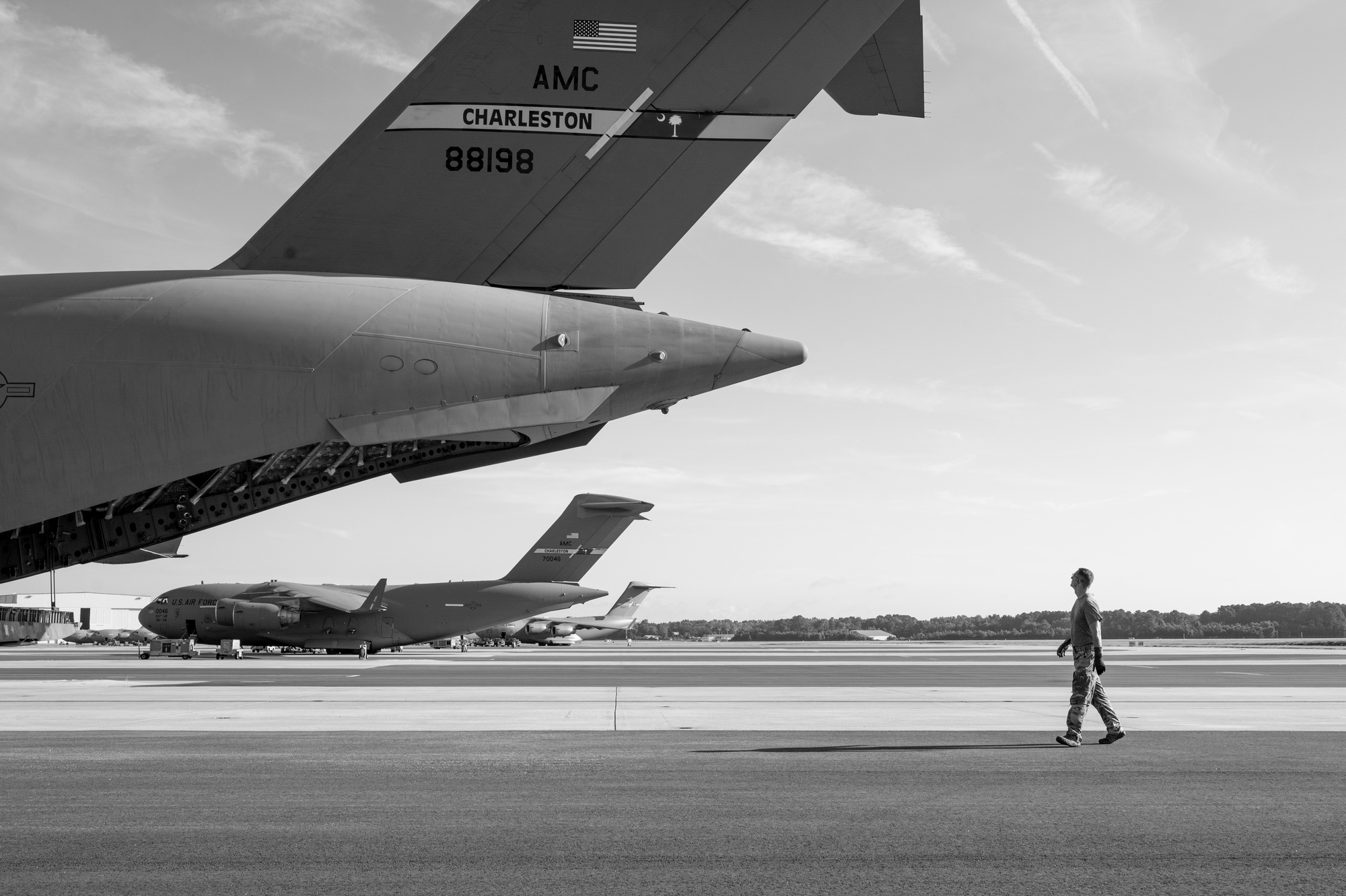 A C-17 Globemaster III with the Charleston tail flash at Joint Base Charleston