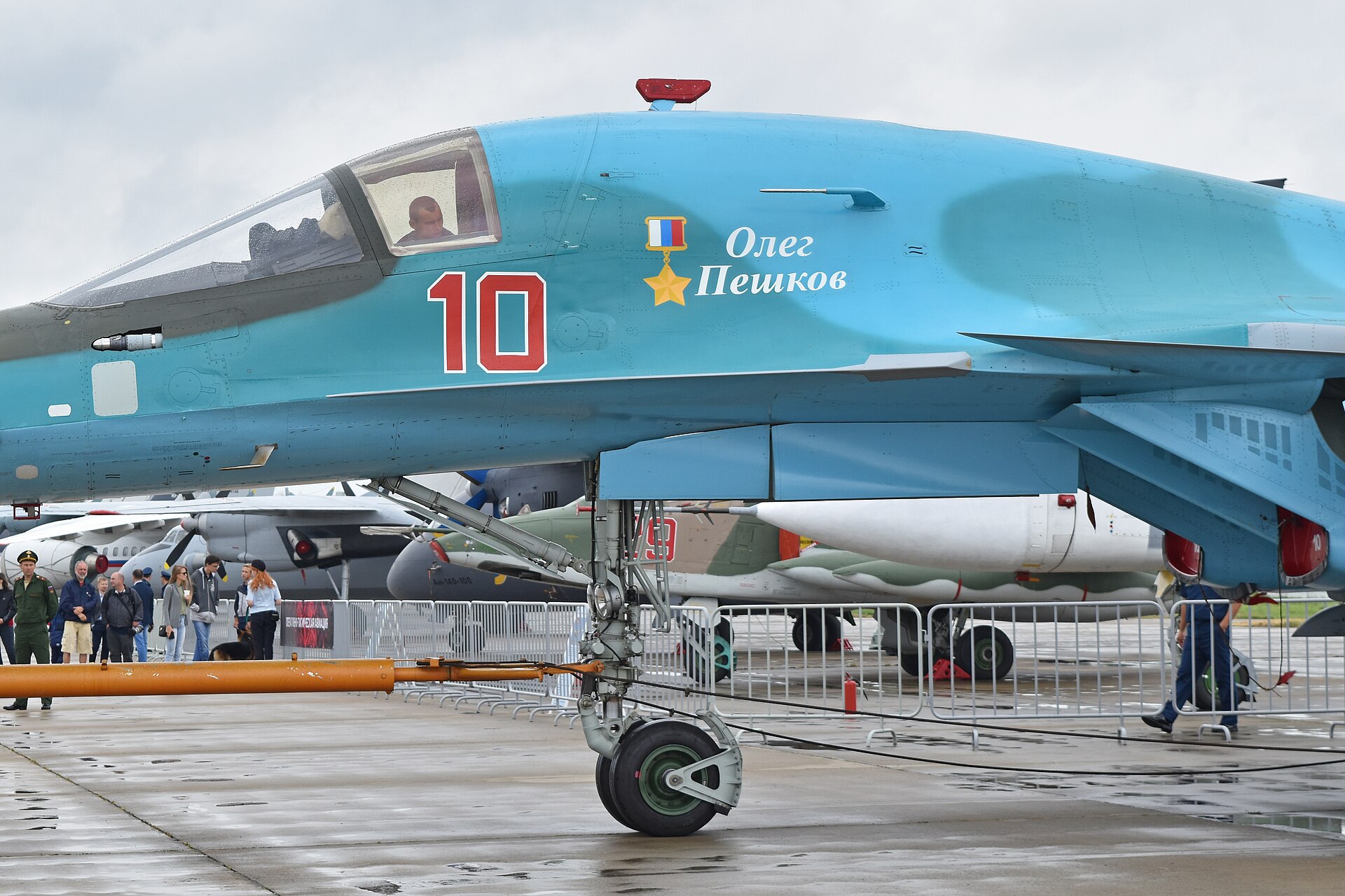 A Russian Air Force Su-34 carrying the bort number 10 in red beside the cockpit