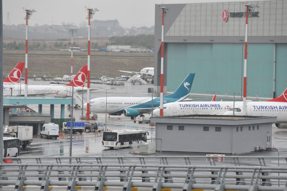 Seized Caspian Airlines Boeing 737 parked on the apron at Istanbul Airport among Turkish Airlines jets
