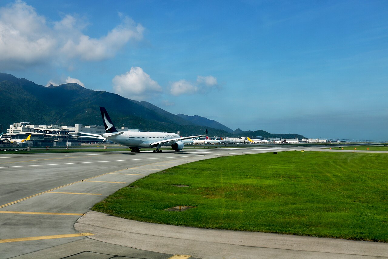 Cathay Pacific Airbus A350 lined up for take-off at Hong Kong