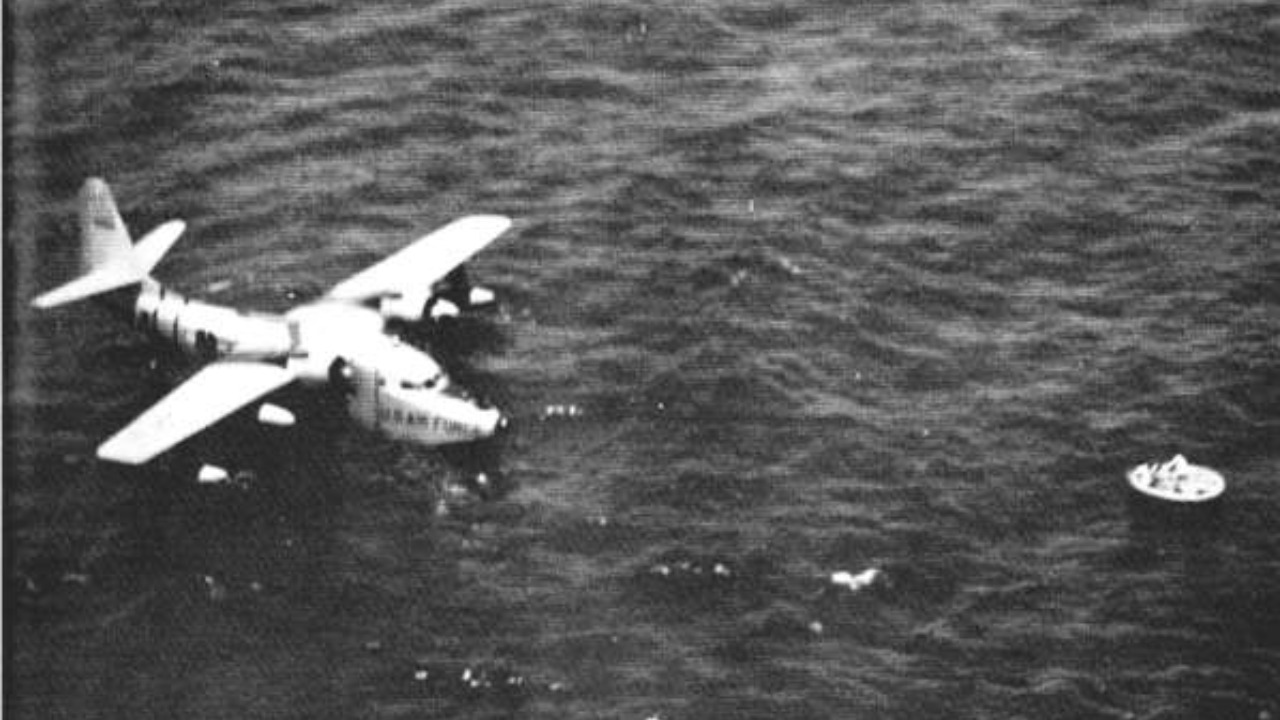 The Cathay Pacific survivors in their liferaft, photographed from a USAF SA-16 Albatross in 1954