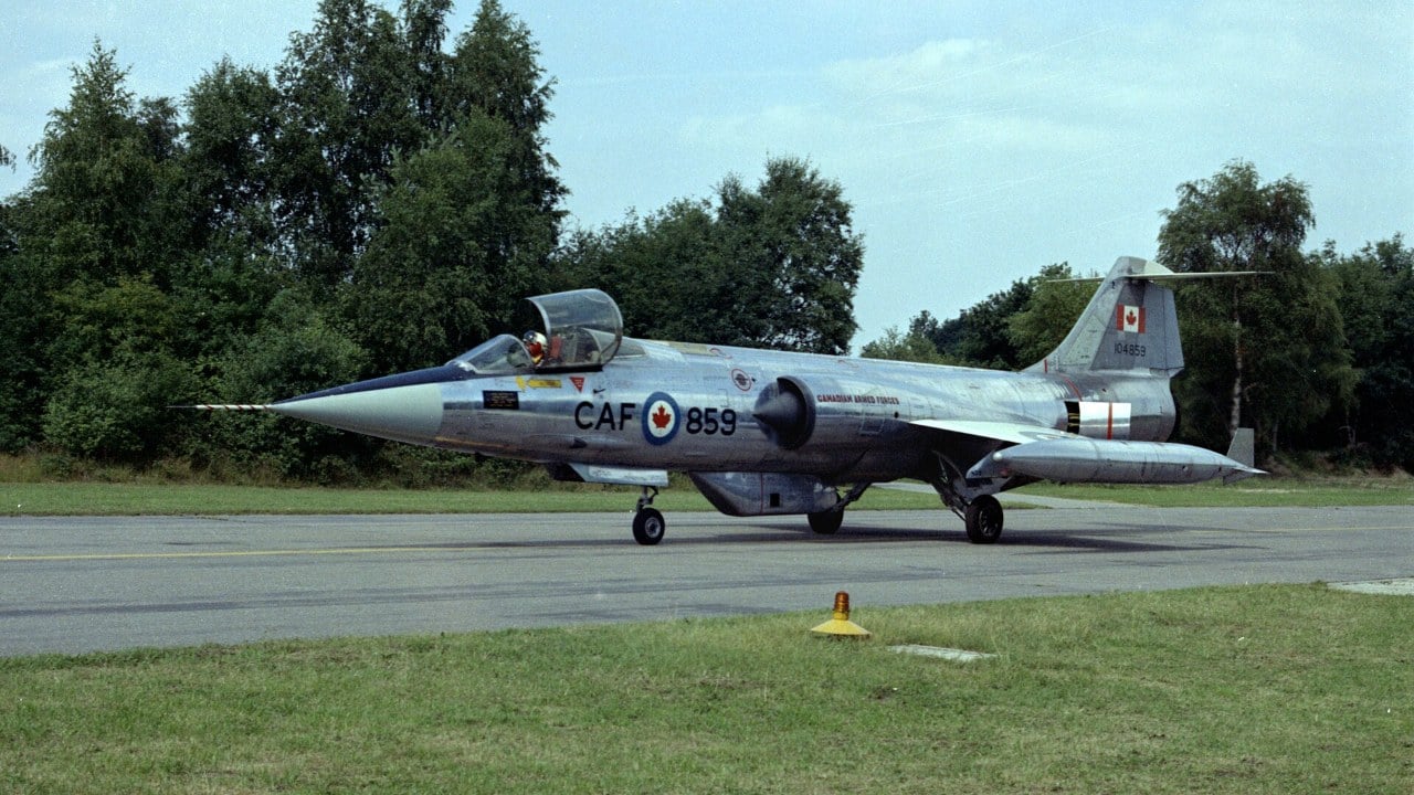 A Canadair CF-104 Starfighter of 439 Squadron at Kleine Brogel Air Base, Belgium, in July 1970
