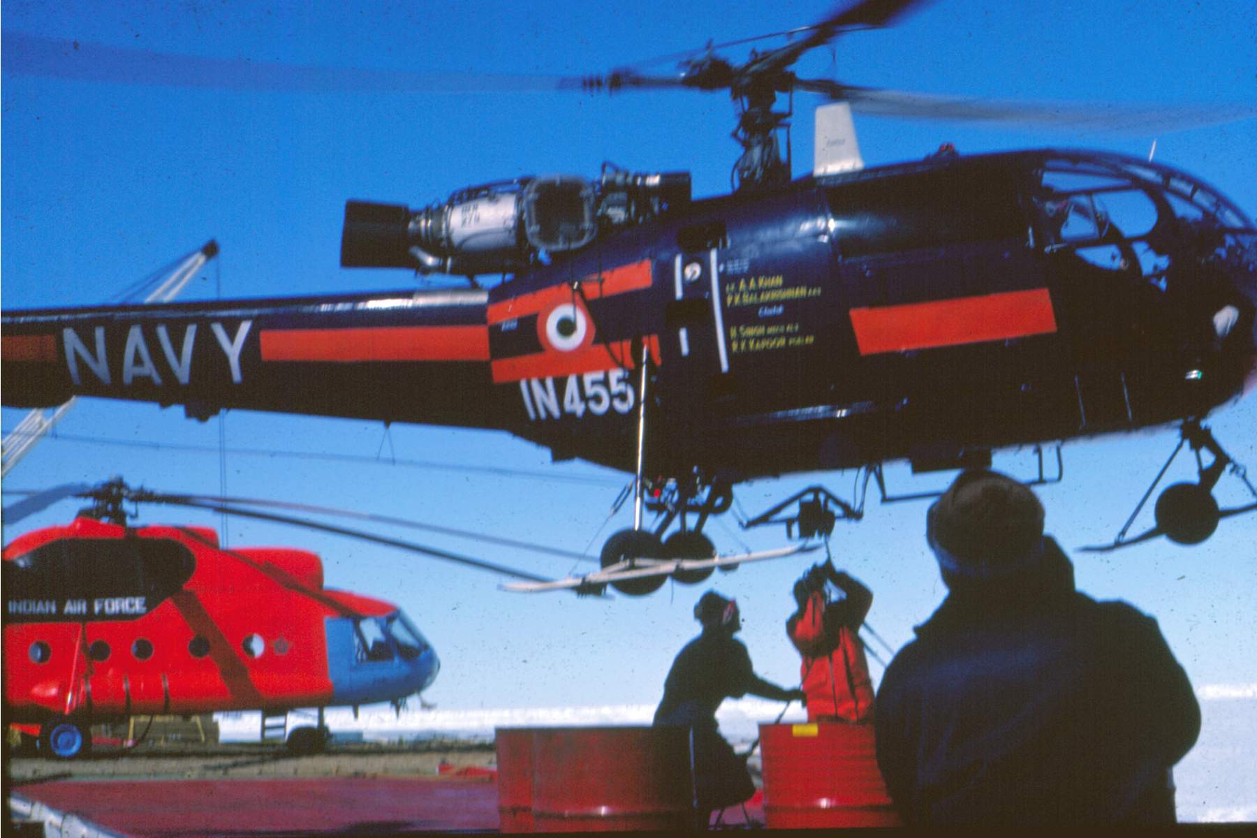 An Indian Chetak helicopter ferrying fuel in Antarctica