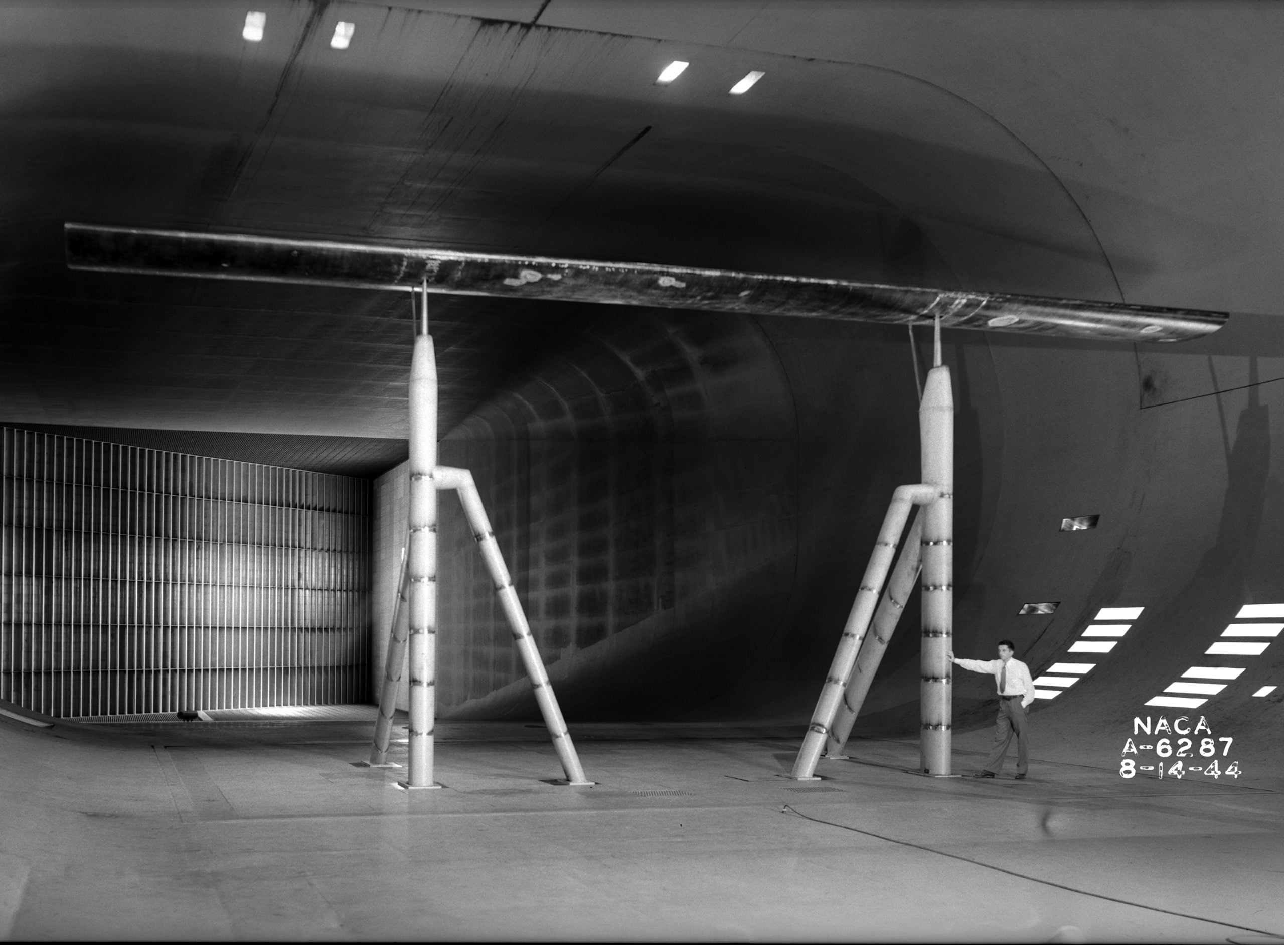 A Clark Y airfoil section mounted in the 40 by 80 foot wind tunnel at NASA Ames