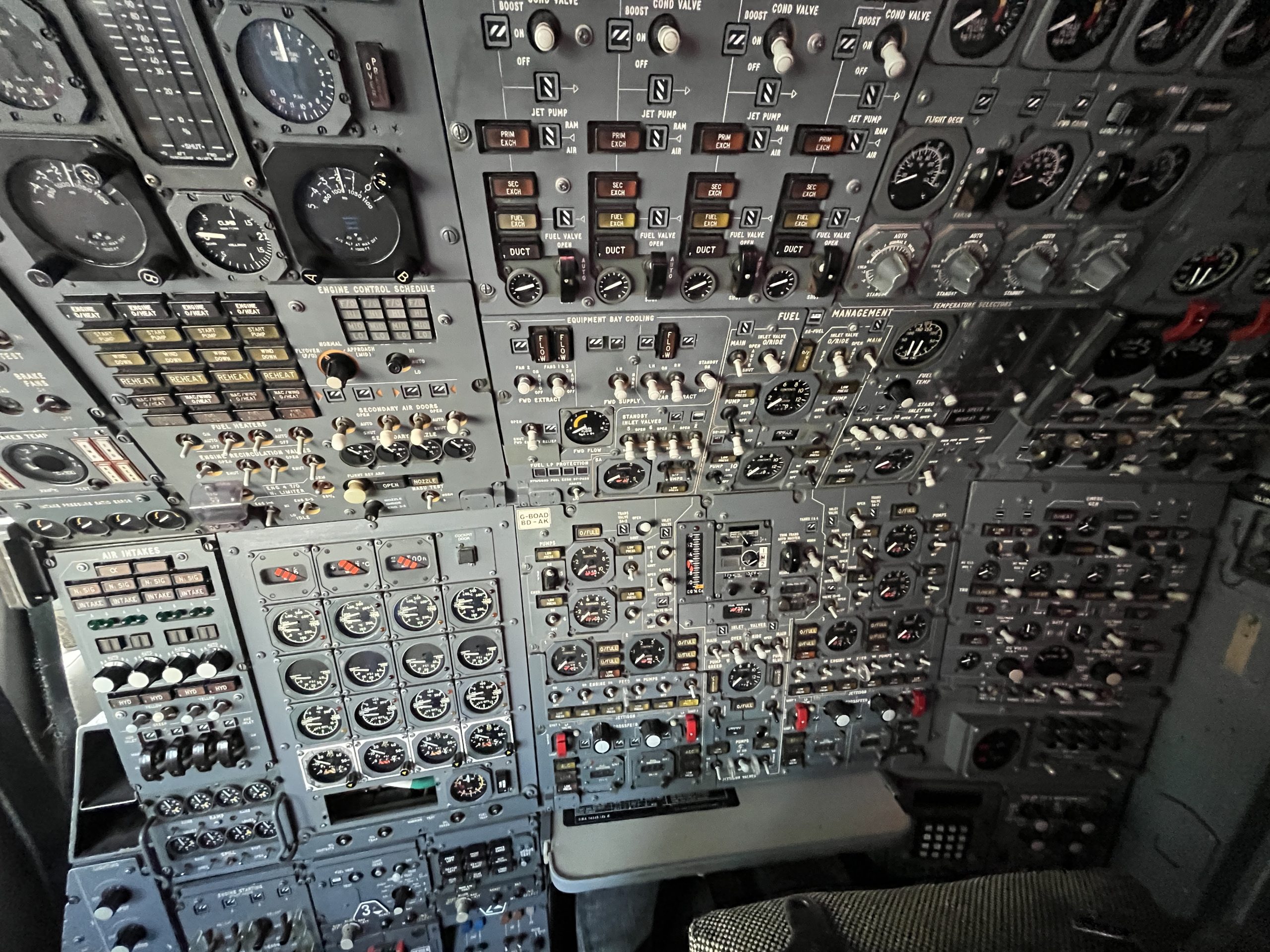 The flight engineer station of Concorde G-BOAD, preserved at the Intrepid Museum