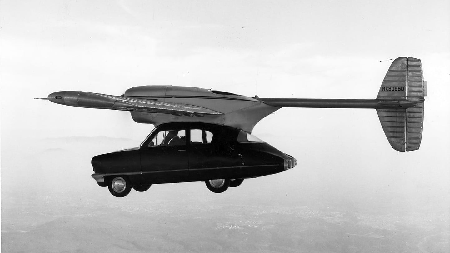 Convair Model 118 ConvAirCar flying car in flight over California in November 1947