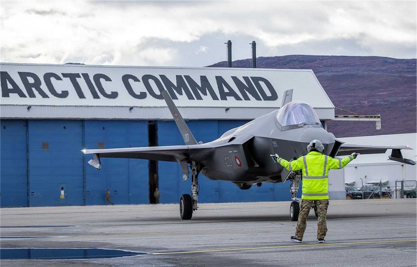 Royal Danish Air Force F-35A taxiing past the Arctic Command hangar at Kangerlussuaq, Greenland