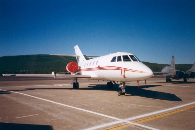 A Dassault Falcon 20C twin-engined business jet on an airfield ramp