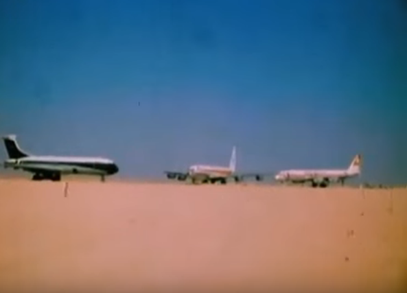 Hijacked airliners on the ground at Dawson’s Field, Jordan, 1970