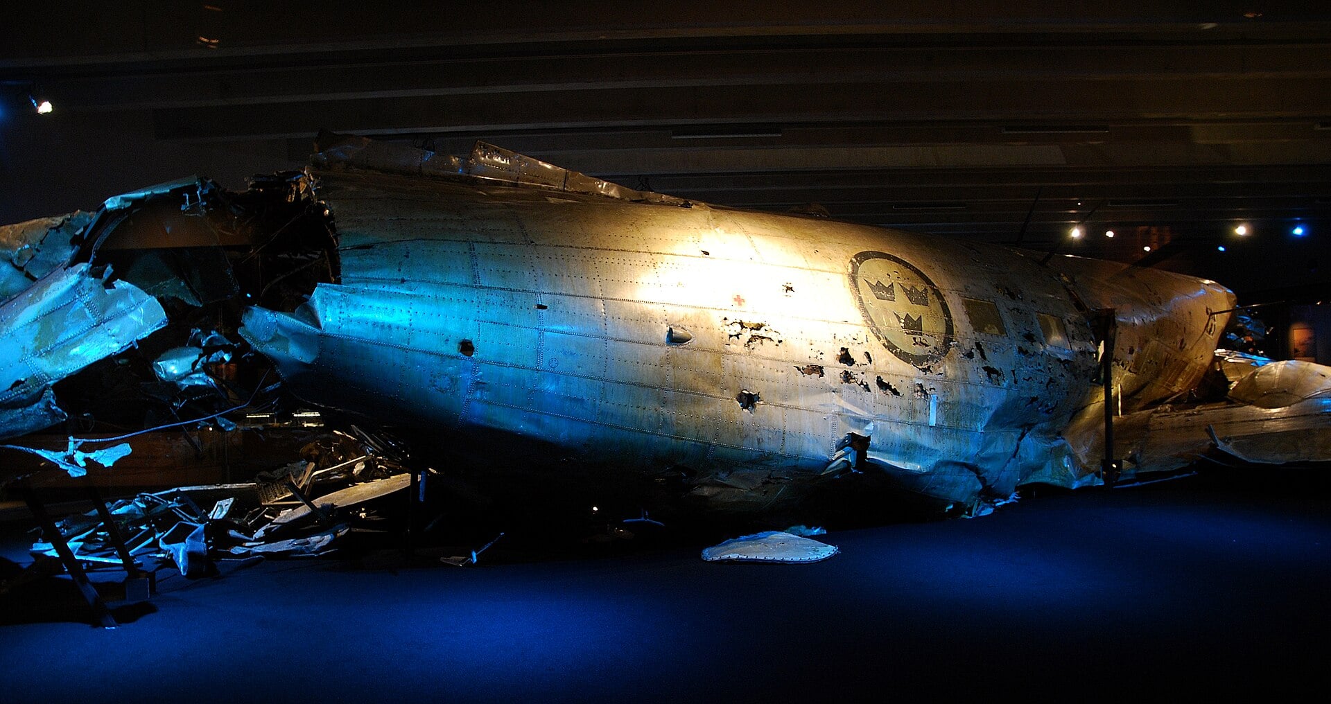 The recovered DC-3 Hugin wreck displayed at the Swedish Air Force Museum