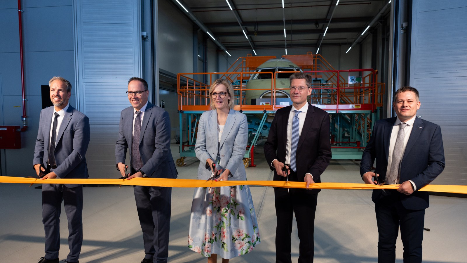 Ribbon cutting at the opening of the Deutsche Aircraft D328eco final assembly line at Leipzig/Halle Airport
