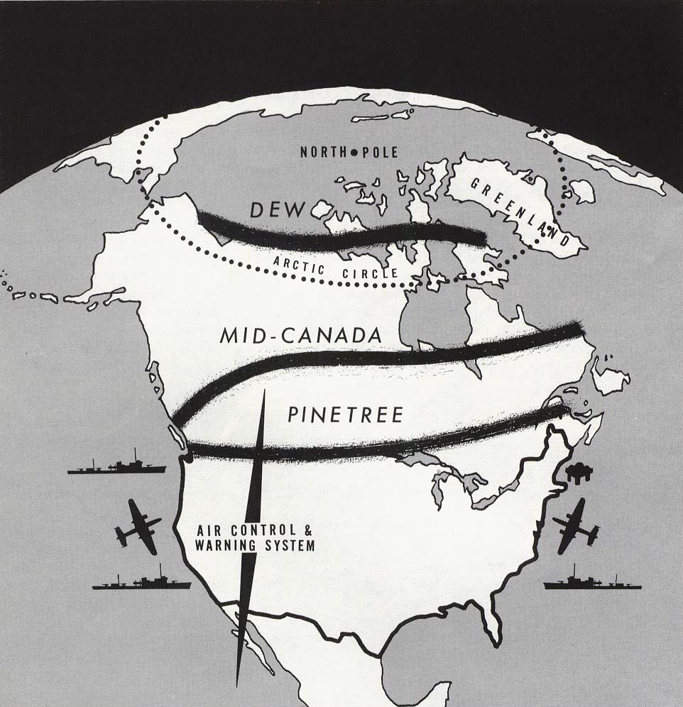 Period diagram showing the DEW, Mid-Canada and Pinetree radar lines across North America