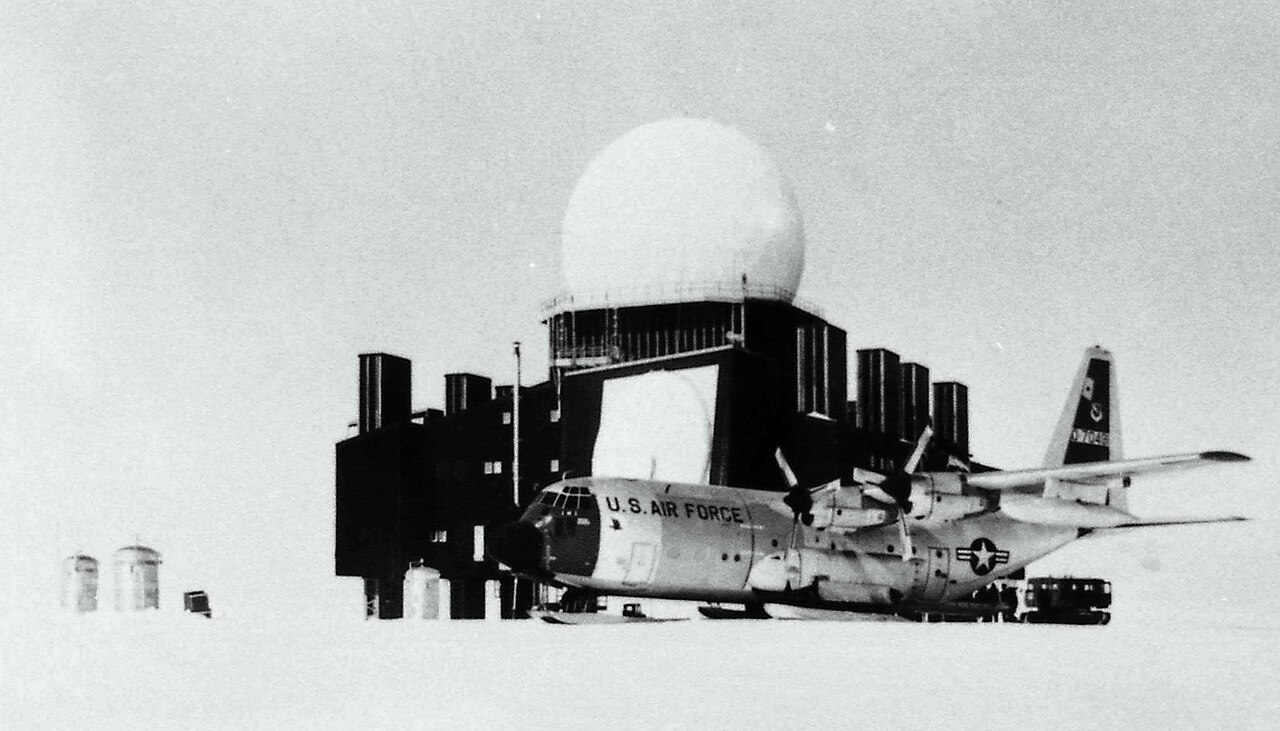 A Distant Early Warning radar site with its radome and antennas