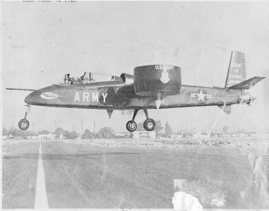 Doak VZ-4 hovering with its ducted fans rotated vertically