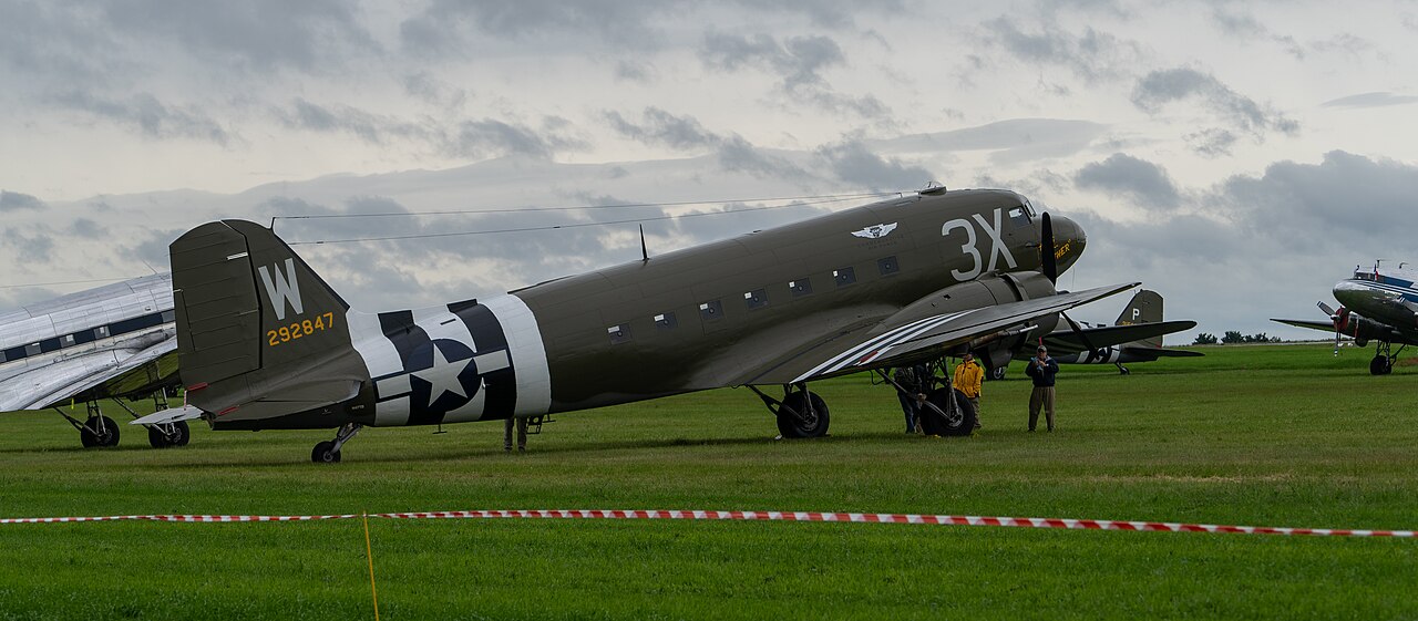 Douglas C-47 Skytrain in wartime markings A preserved Douglas C-47 Skytrain in wartime invasion stripes and markings