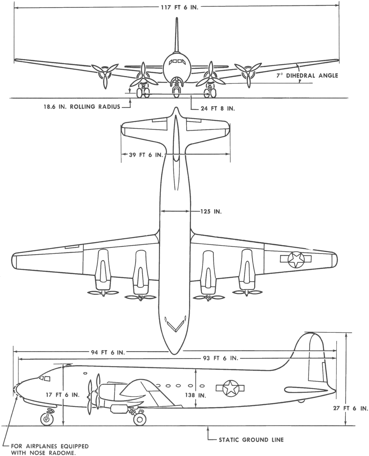 Three-view line drawing of the Douglas C-54 Skymaster