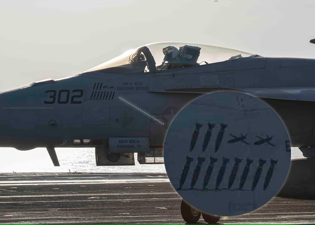Drone and target kill markings stencilled on a US Navy jet Drone and target kill markings stencilled on a US Navy jet