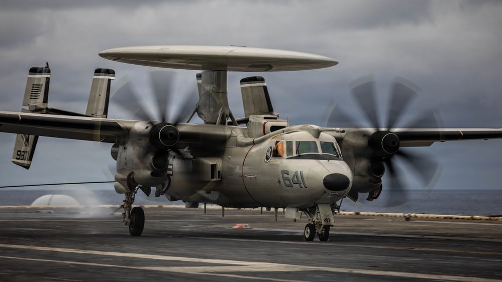 E-2D Hawkeye of VAW-120 lands on USS Dwight D. Eisenhower during carrier qualifications