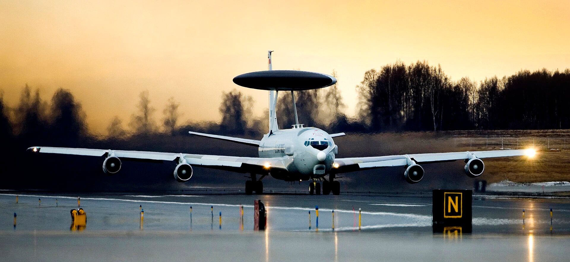 A US Air Force E-3 Sentry AWACS on the ground at Elmendorf, Alaska, at dawn