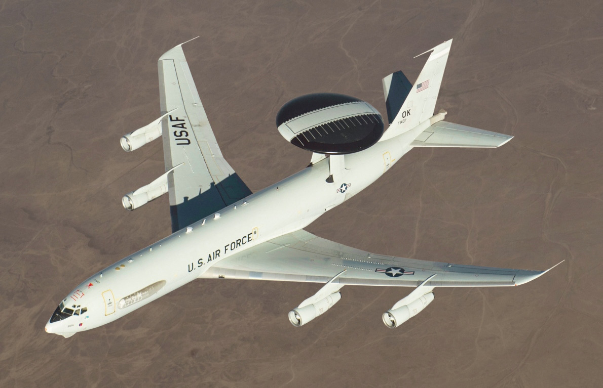 A US Air Force Boeing E-3 Sentry AWACS in flight seen from above
