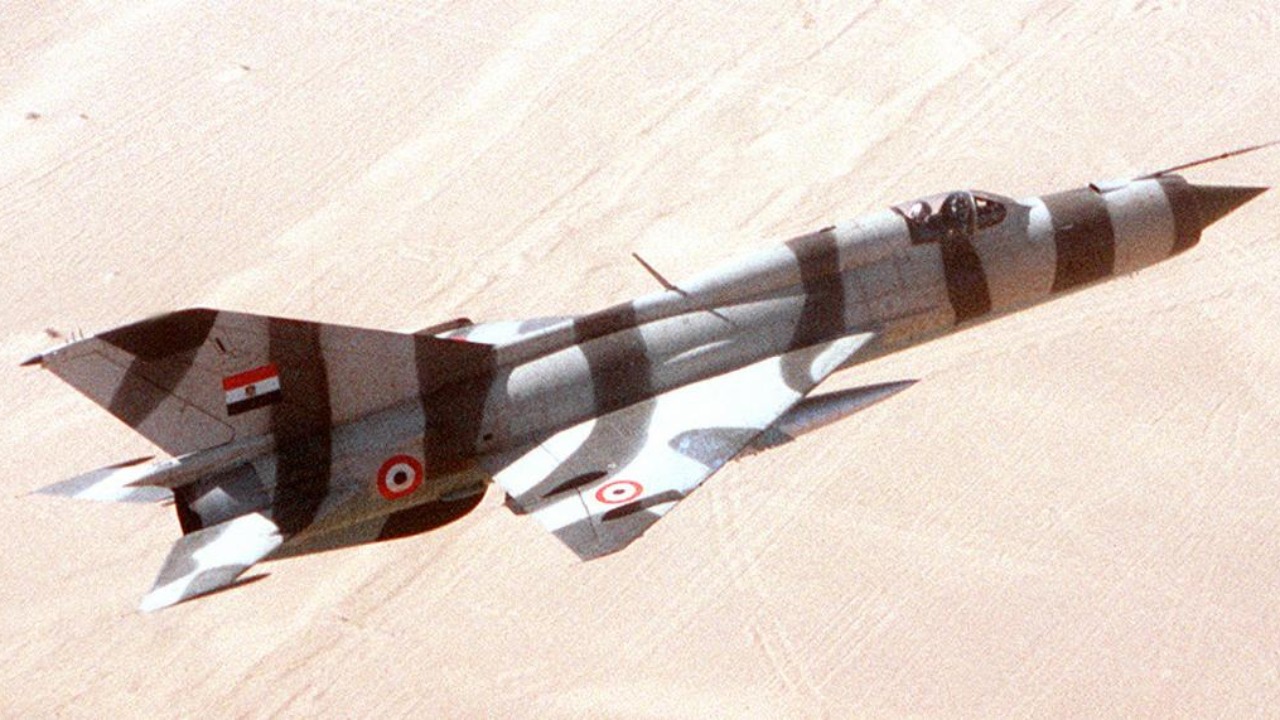 An Egyptian Air Force MiG-21PFM in flight over desert