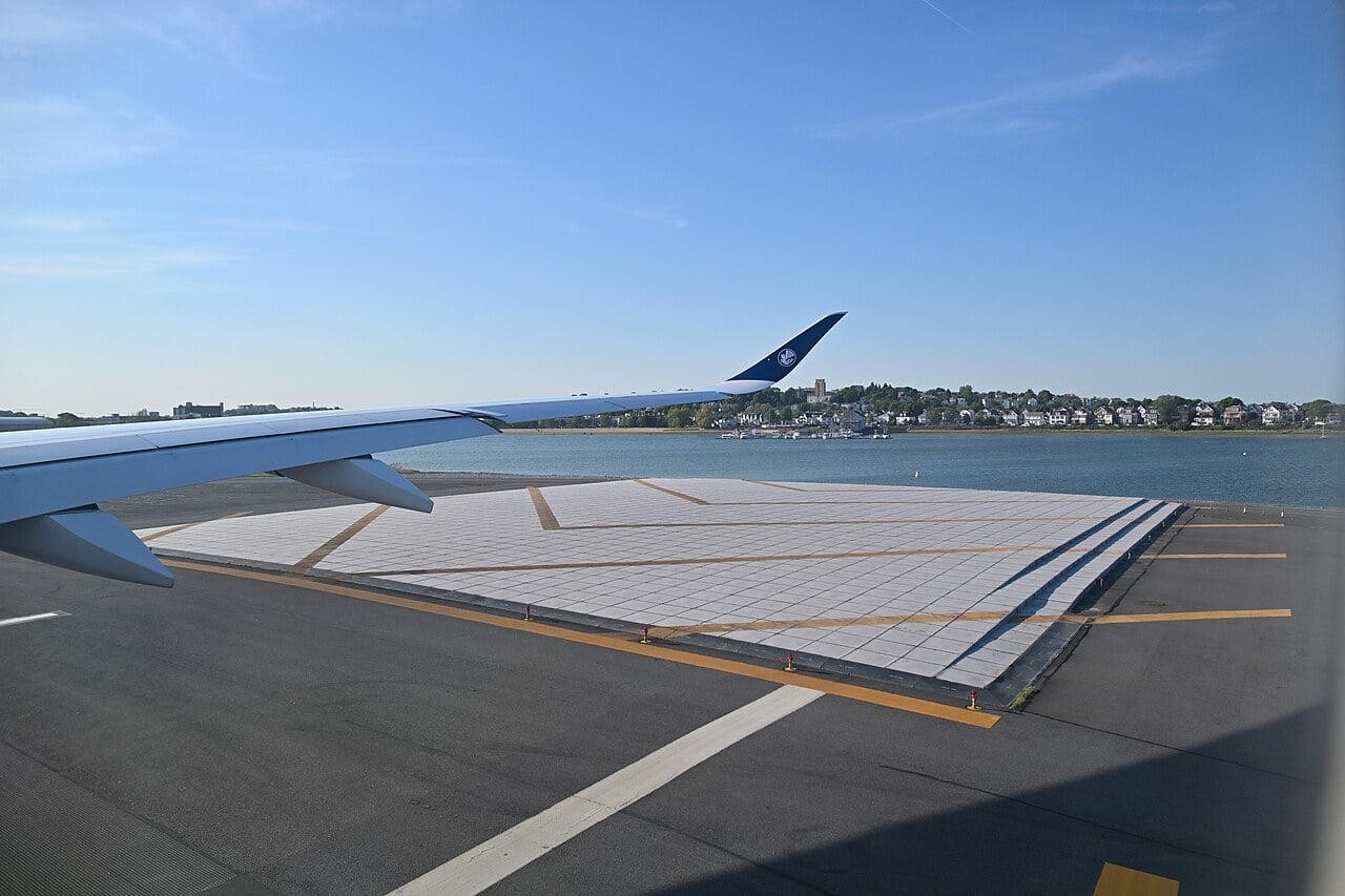EMAS arrestor bed of pale crushable blocks at the end of runway 22R at Boston Logan International Airport