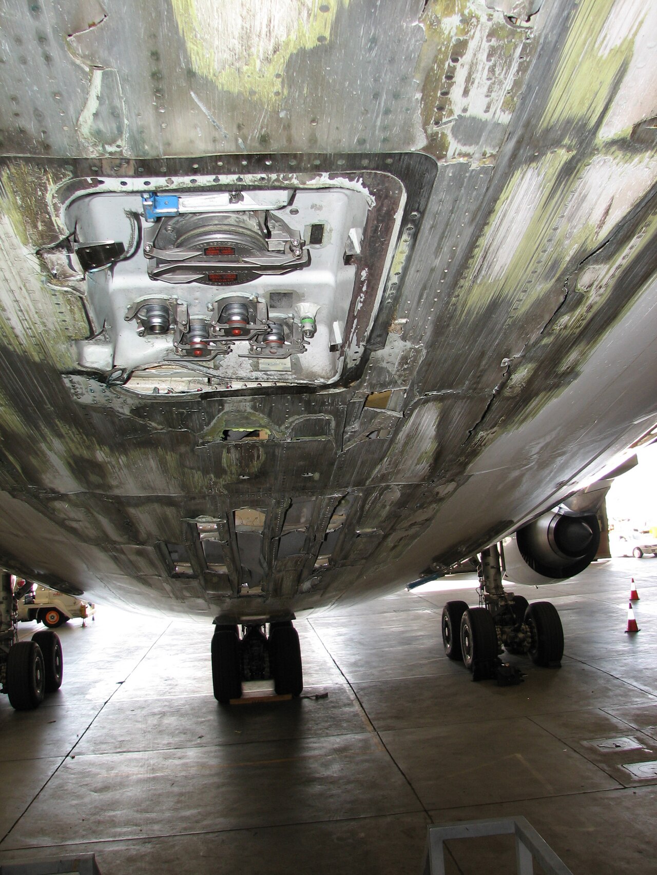 Underside damage to Emirates Flight 407 after the tail strike at Melbourne