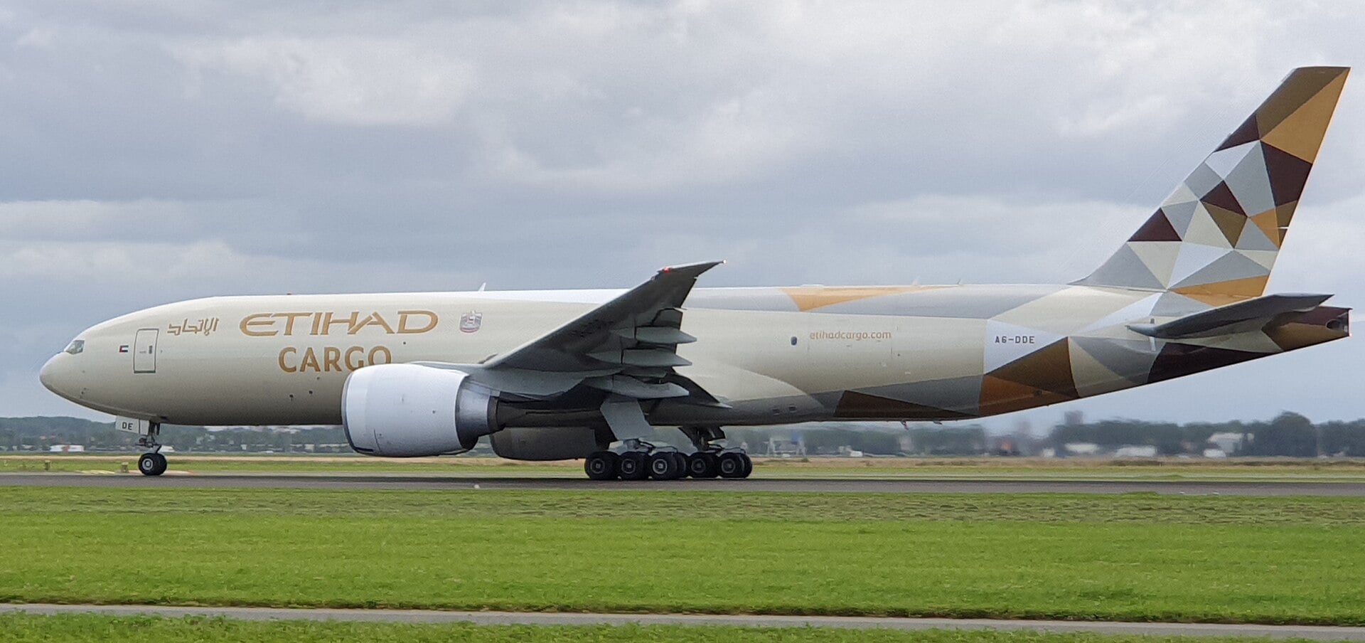 An Etihad Airways Cargo Boeing 777 Freighter, registration A6-DDE, at Amsterdam Schiphol