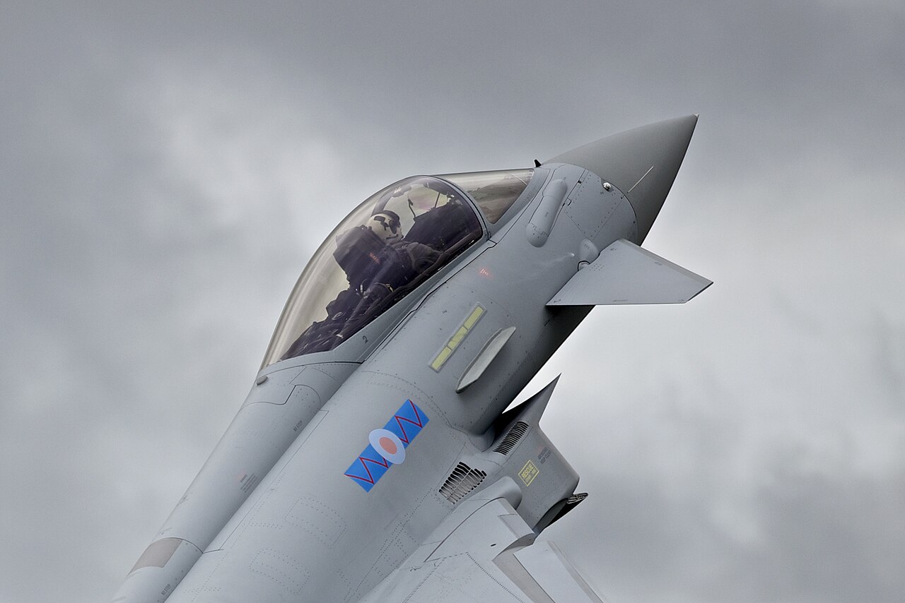 The cockpit of a Eurofighter Typhoon, showing the control stick and throttle
