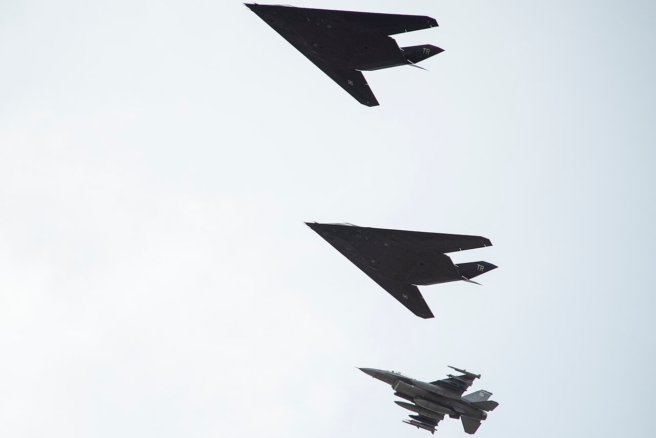 F-117 Nighthawks arrive at JBER for Northern Edge 23-1, 2023 Two F-117 Nighthawks with Tonopah tail codes flying with an F-16 over Alaska in 2023