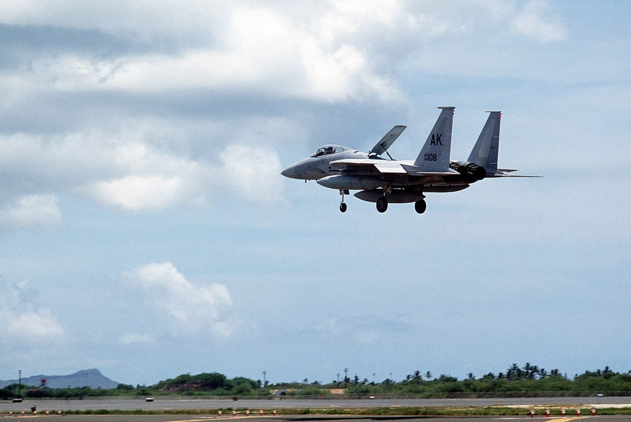 F-15A Eagle landing with its dorsal speed brake extended F-15A Eagle landing with its dorsal speed brake extended