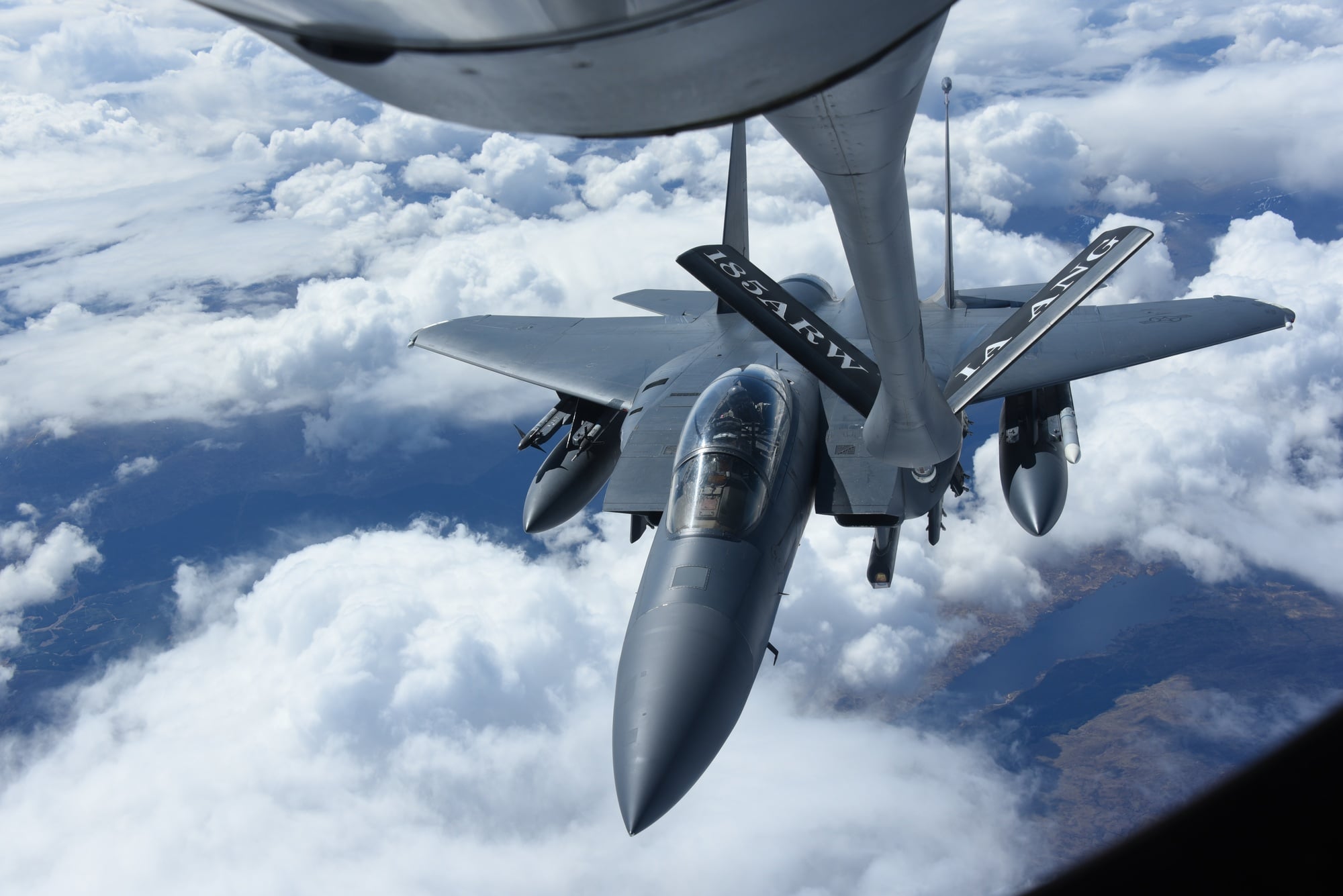 An F-15E Strike Eagle taking fuel from a tanker