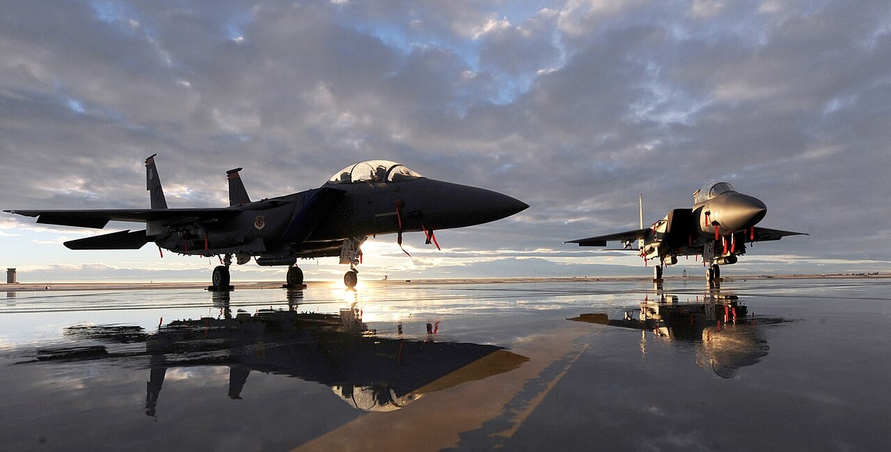 F-15E Strike Eagles on the flightline at Mountain Home Air Force Base at sunset
