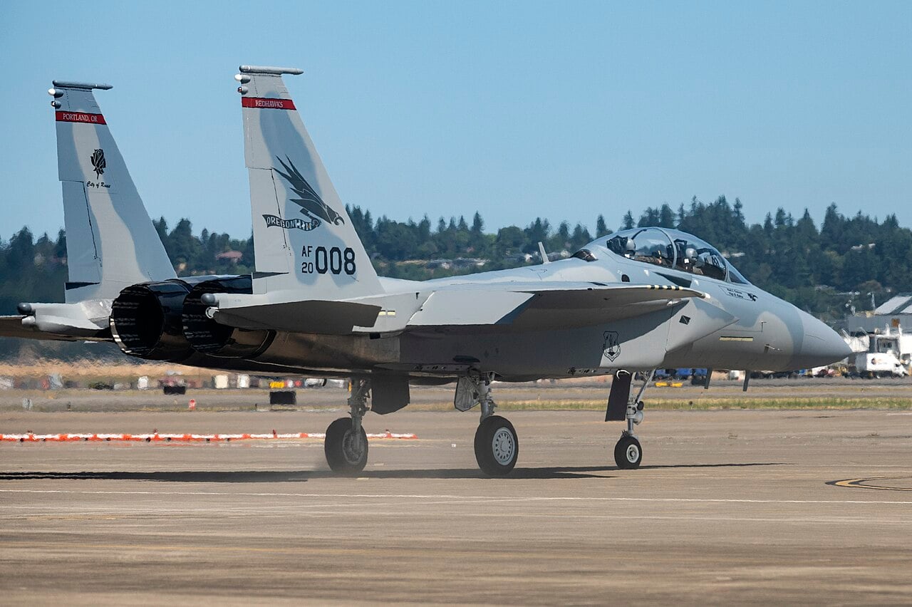Two-seat F-15EX Eagle II of the 142nd Wing taxiing at Portland