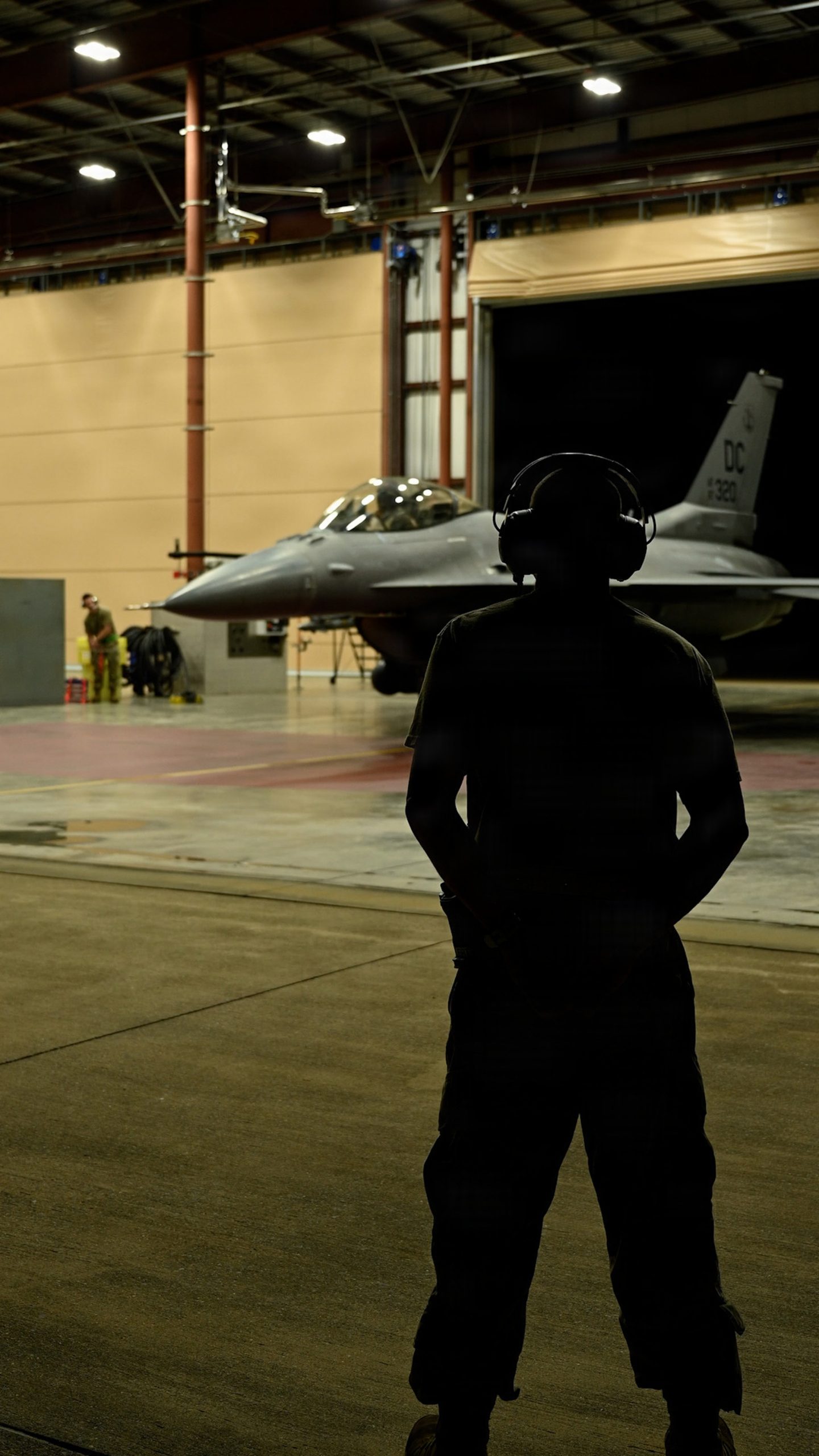 A 113th Wing F-16 Fighting Falcon in the aerospace control alert hangar at Joint Base Andrews