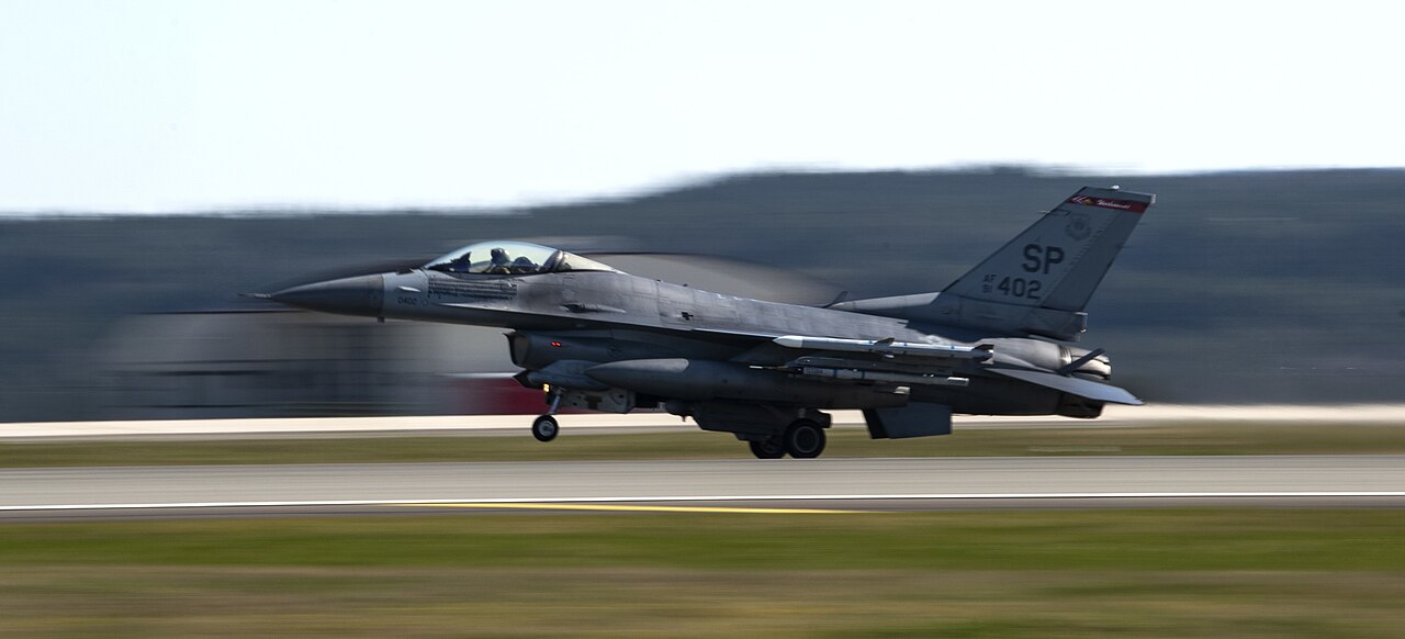 A US Air Force F-16 of the 480th Fighter Squadron landing at Spangdahlem Air Base