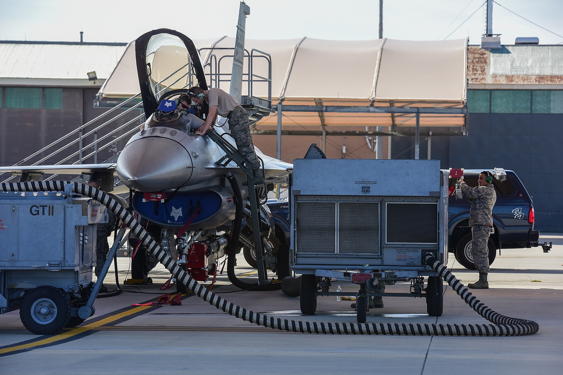 Air National Guard technicians working on F-16 avionics during a Combat Shield evaluation