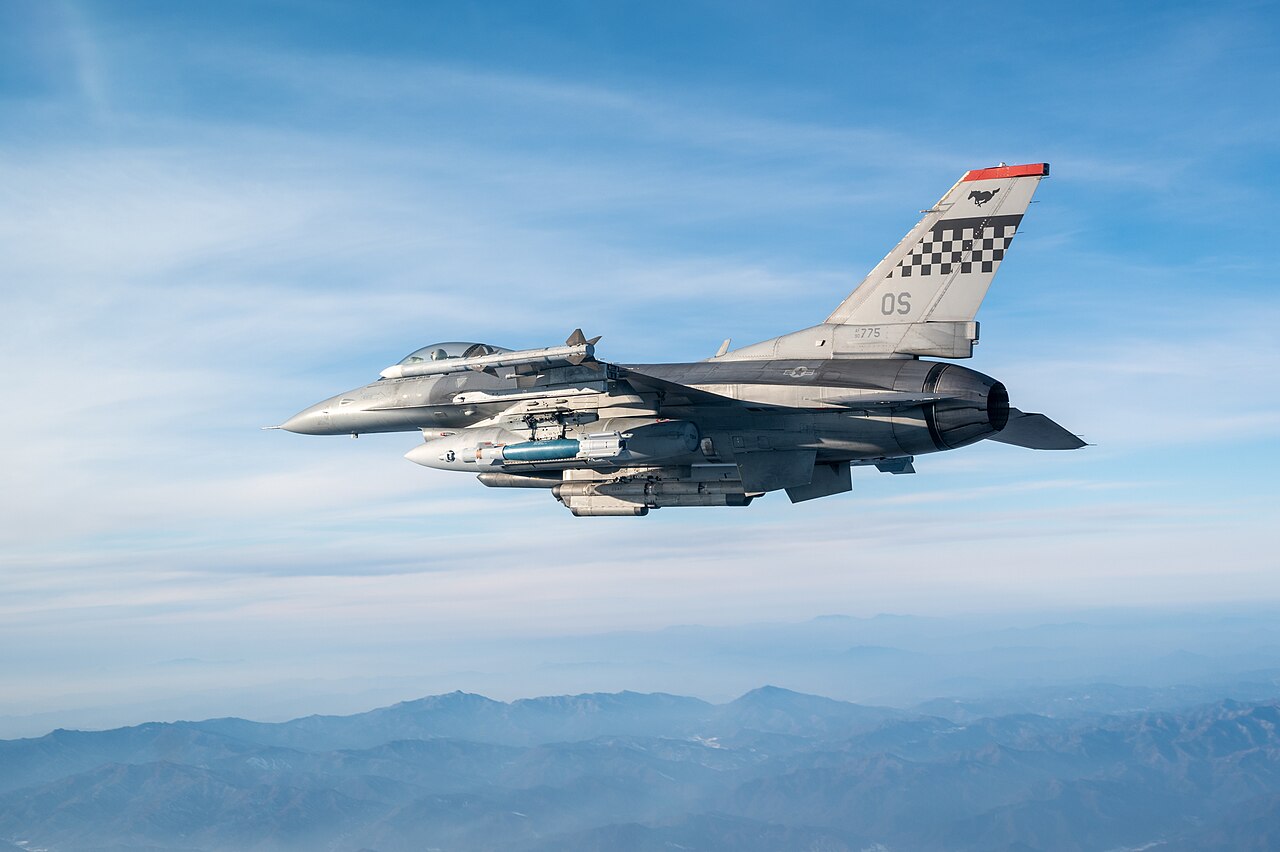 A U.S. Air Force F-16 Fighting Falcon during air-combat training