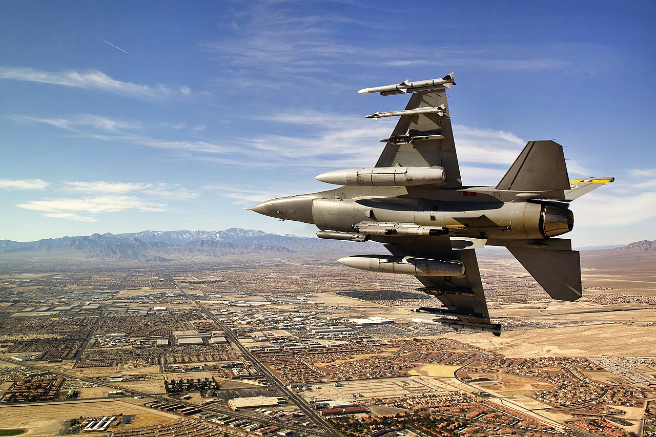 An F-16 in a hard turn