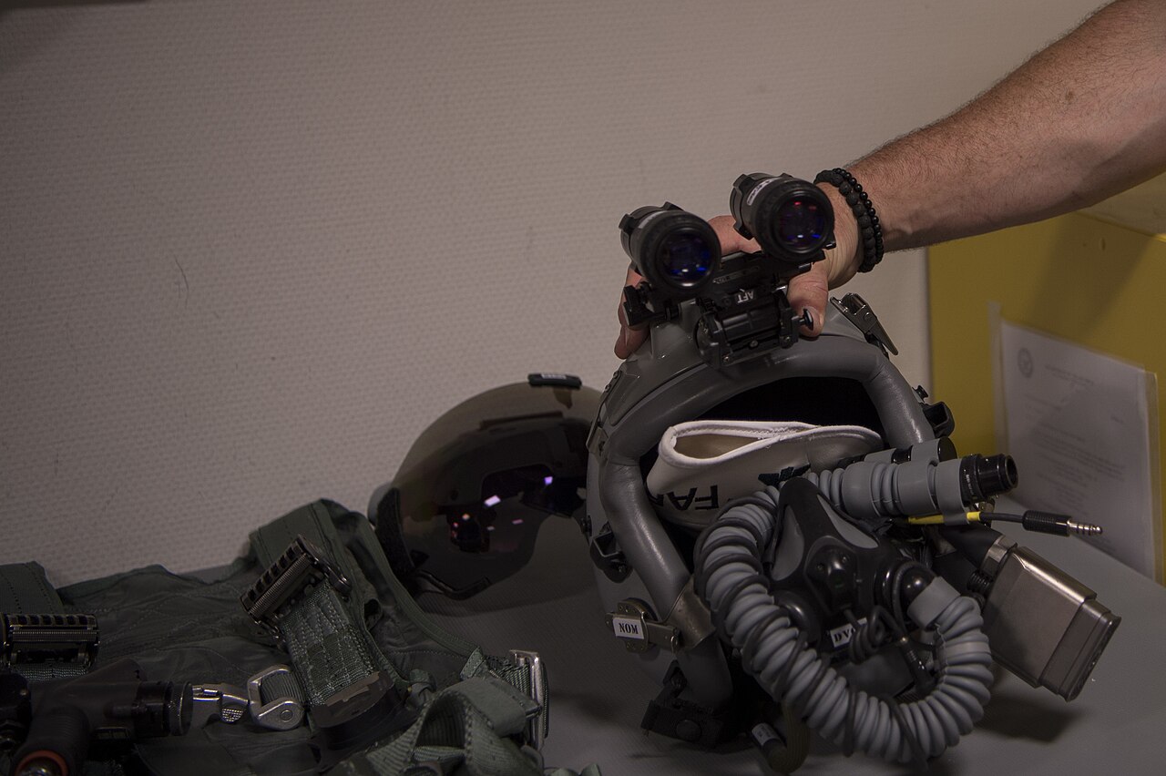 F-16 pilot helmet with night vision goggles attached