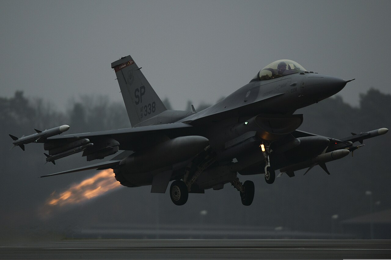 A US Air Force F-16 departing Spangdahlem Air Base in Germany
