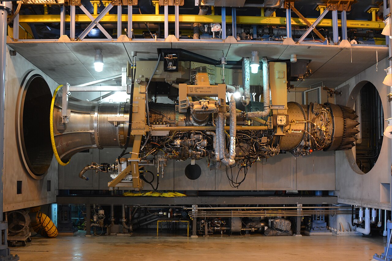 An F-35 F135 engine installed in a test cell at the Arnold Engineering Development Complex