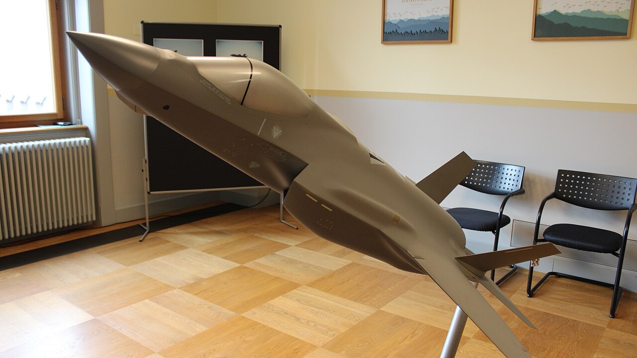A model of the F-35 fighter displayed inside the Bundeshaus in Bern